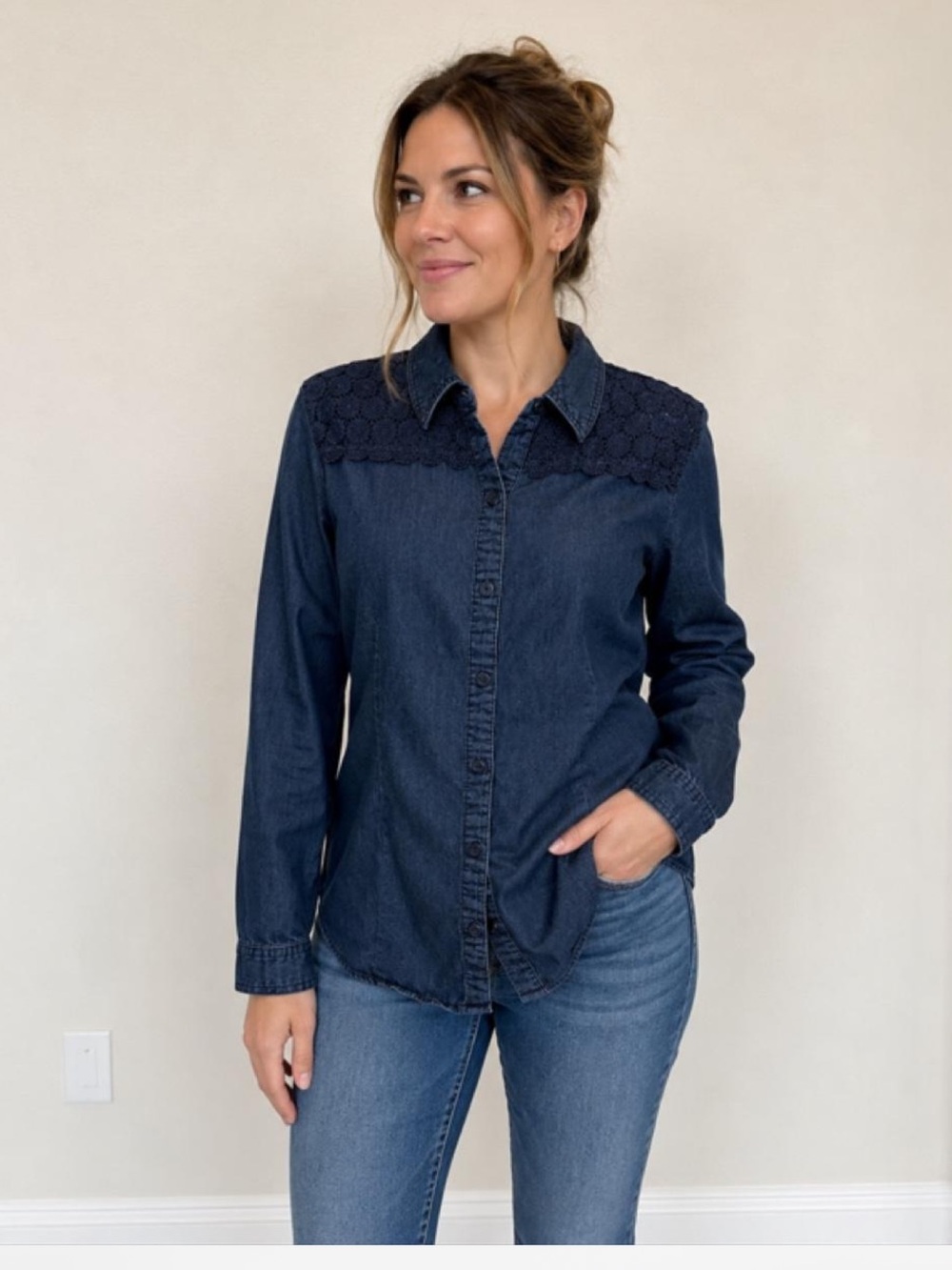 Christopher & Banks Dark Blue Denim Button-Up with Crochet Yoke